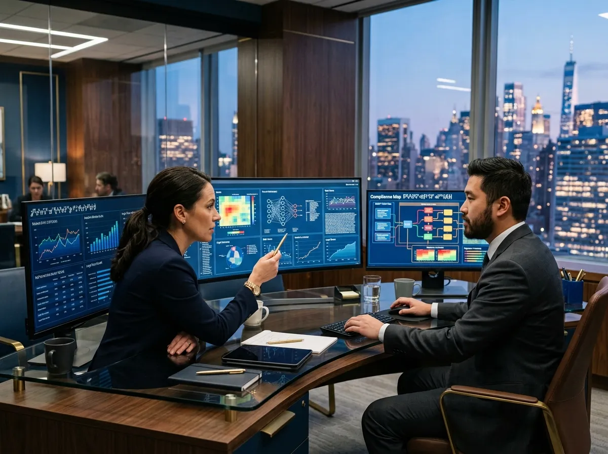 Legal professionals analyzing legal technology, compliance, and market trends on digital displays