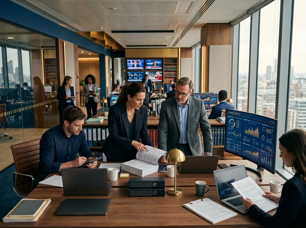 Legal professionals reviewing industry news and regulatory developments in a modern newsroom-style office